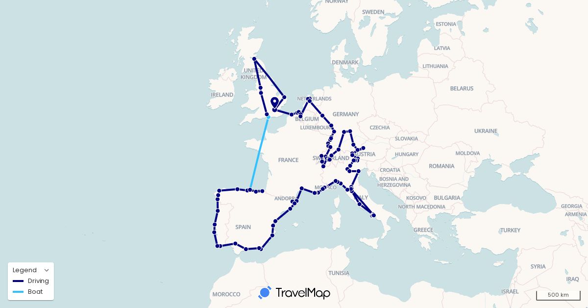 TravelMap itinerary: driving, boat in Austria, Belgium, Switzerland, Germany, Spain, France, United Kingdom, Italy, Monaco, Netherlands, Portugal (Europe)